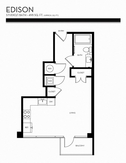 Floor plan for studio, 1 bath, 498 sqft