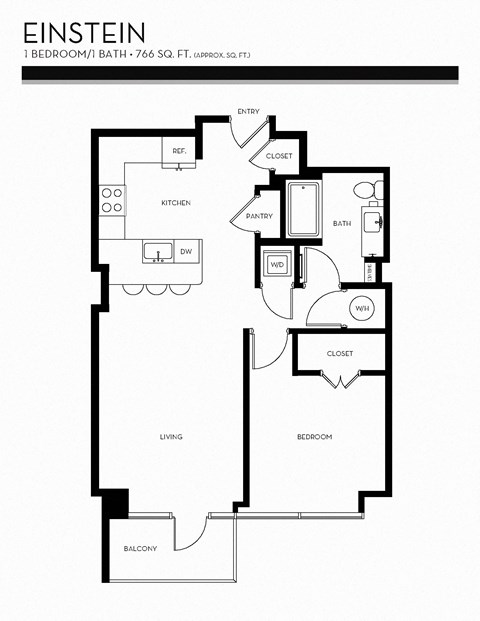 Floor plan for 1 bed, 1 bath, 766 sqft