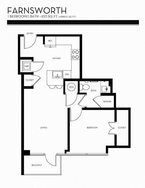Floor plan for 1 bed, 1 bath, 653 sqft