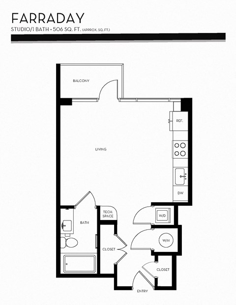 Floor plan for studio, 1 bath, 506 sqft