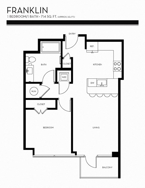 Floor plan for 1 bed, 1 bath, 714 sqft