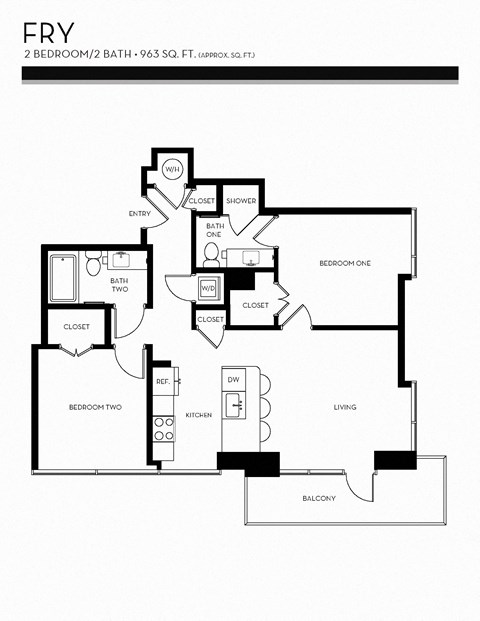 Floor plan for 2 beds, 2 baths, 963 sqft