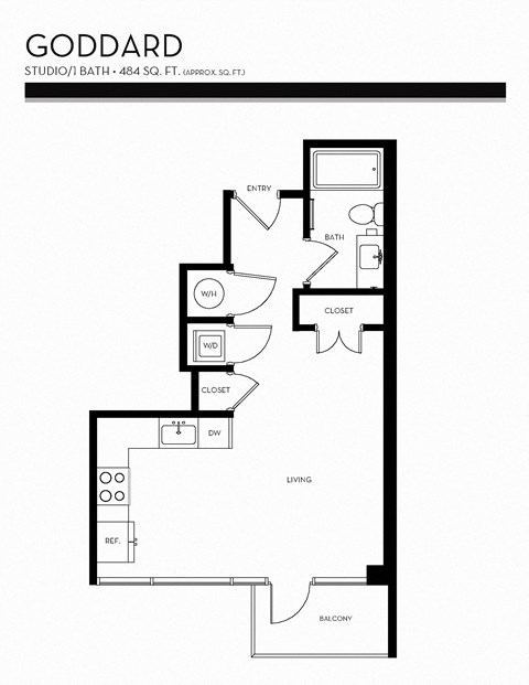 Floor plan for studio, 1 bath, 484 sqft