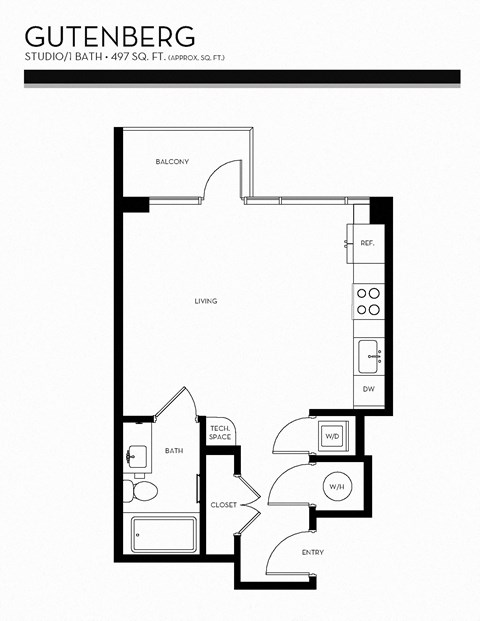 Floor plan for studio, 1 bath, 497 sqft