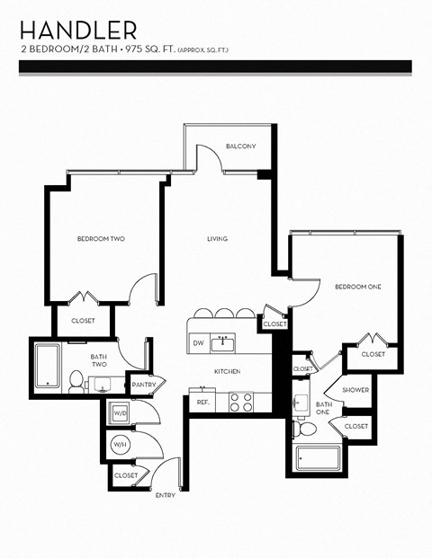 Floor plan for 2 beds, 2 baths, 975 sqft