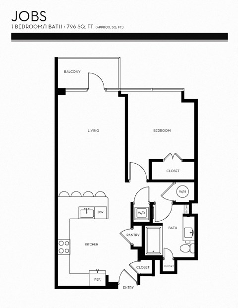 Floor plan for 1 bed, 1 bath, 796 sqft