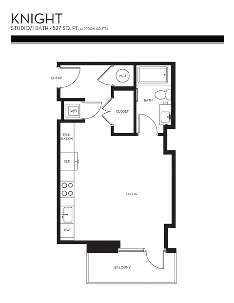 Floor plan for studio, 1 bath, 527 sqft