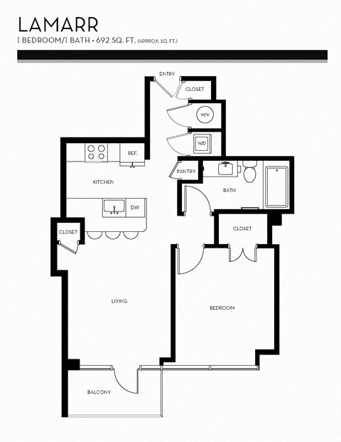 Floor plan for 1 bed, 1 bath, 692 sqft