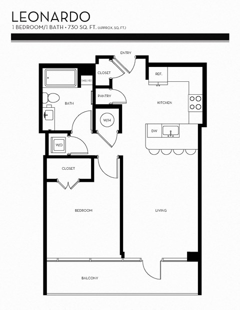 Floor plan for 1 bed, 1 bath, 730 sqft