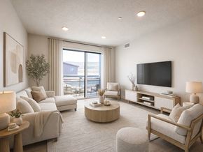Park City apartment for rent - Liberty Sage Apartments, Park City, Utah, a well-lit, modern living room with a large window and a flat-screen TV.