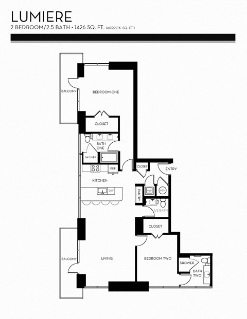 Floor plan for 2 beds, 2 baths, 1426 sqft