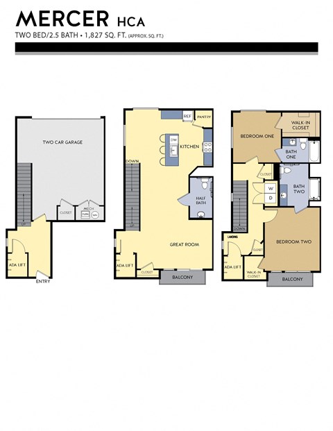 Floor plan for 2 beds, 2.5 baths, 1827 sqft