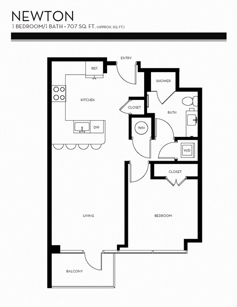 Floor plan for 1 bed, 1 bath, 707 sqft