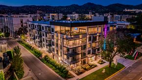 Salt Lake City apartment for rent - Liberty Duet Apartments, Salt Lake City, Utah; exterior well-lit front at night.
