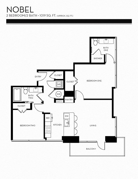 Floor plan for 2 beds, 2 baths, 1019 sqft