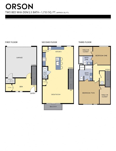 Floor plan for 2 beds, 2.5 baths, 1733 sqft