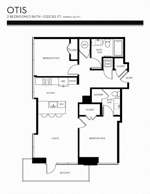 Floor plan for 2 beds, 2 baths, 1022 sqft