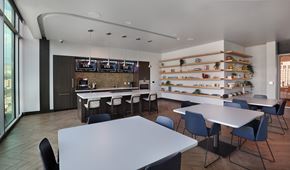 Salt Lake City apartment for rent - Community dining area with kitchen bar and open shelving at Liberty Sky Apartments, Salt Lake City