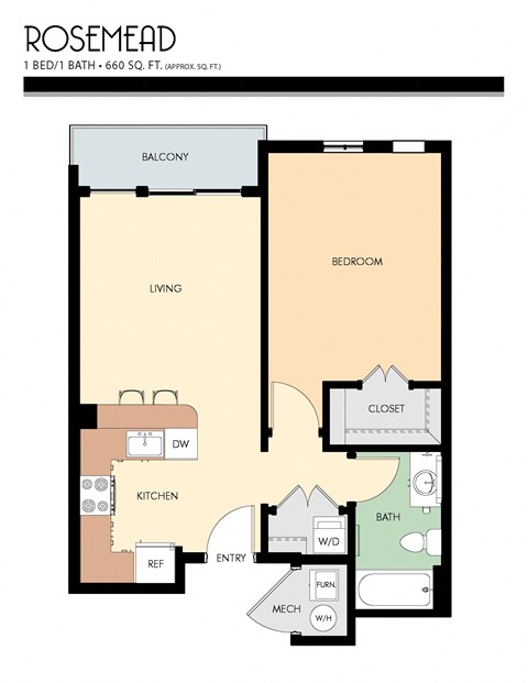 Floor plan for 1 bed, 1 bath, 660 sqft