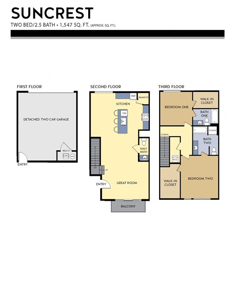 Floor plan for 2 beds, 2.5 baths, 1547 sqft