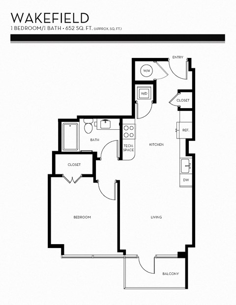 Floor plan for 1 bed, 1 bath, 652 sqft