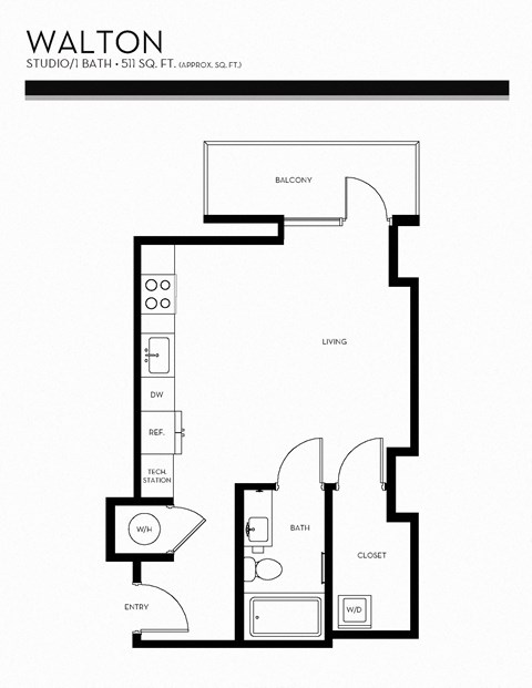 Floor plan for studio, 1 bath, 511 sqft