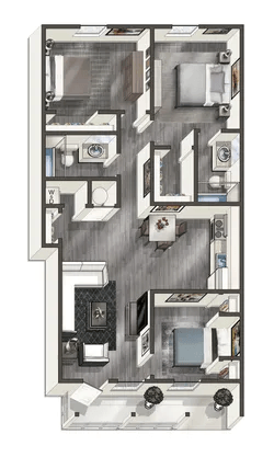 Floor plan for 3 beds, 2 baths, 996 sqft