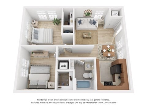 Floor plan for 2 beds, 1 bath, 740 sqft