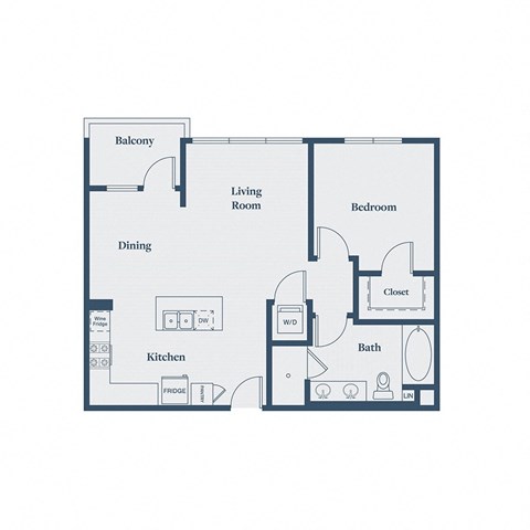 Floor plan for 1 bed, 1 bath, 822 sqft