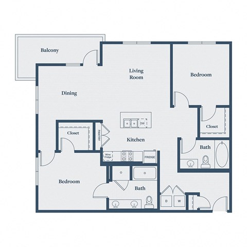 Floor plan for 2 beds, 2 baths, 1313 sqft