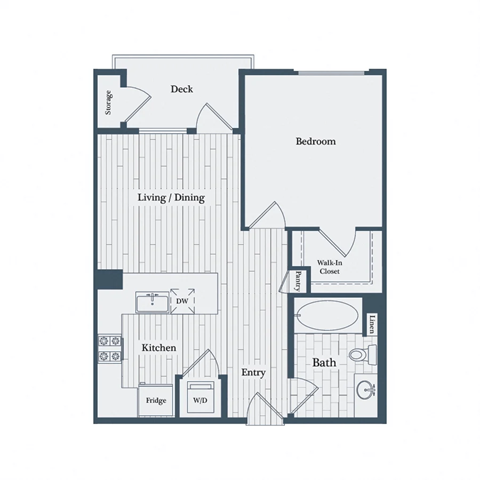 Floor plan for 1 bed, 1 bath, 665 sqft