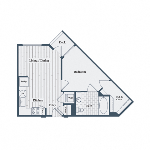 Floor plan for 1 bed, 1 bath, 601 sqft