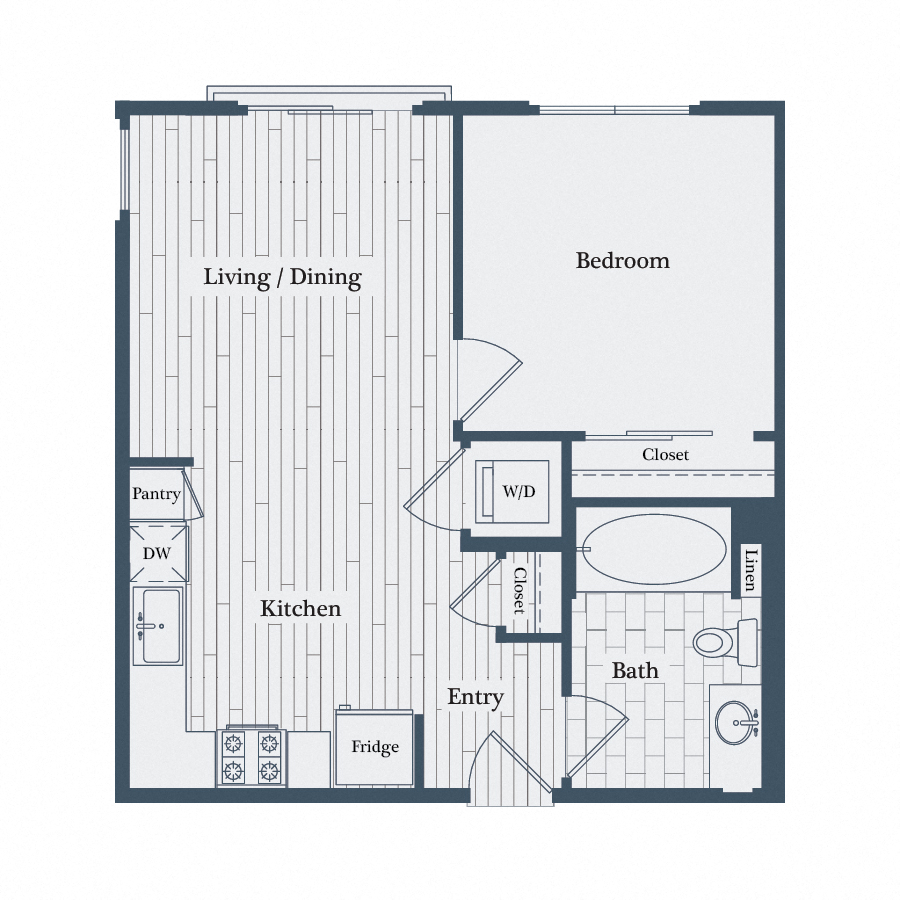 Floor plan for 1 bed, 1 bath, 614 sqft