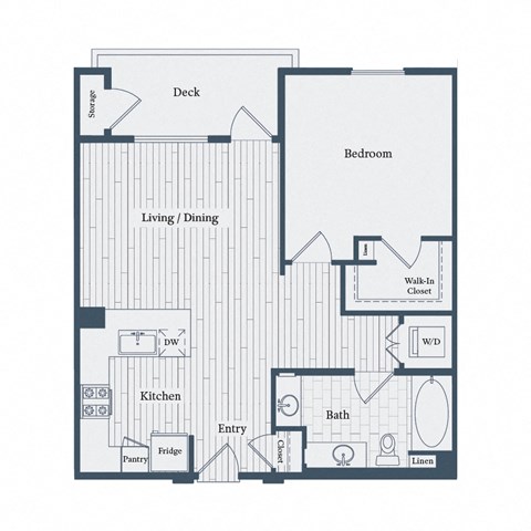 Floor plan for 1 bed, 1 bath, 798 sqft