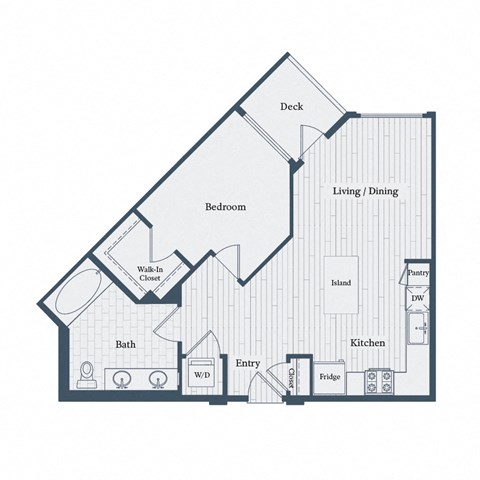 Floor plan for 1 bed, 1 bath, 716 sqft