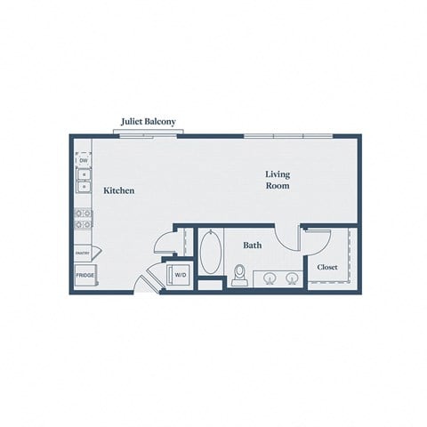 Floor plan for studio, 1 bath, 643 sqft