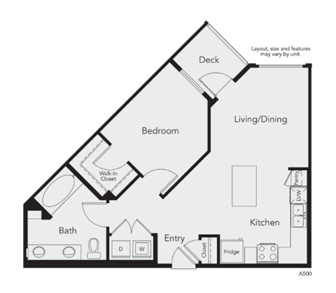 Floor plan for 1 bed, 1 bath, 737 sqft