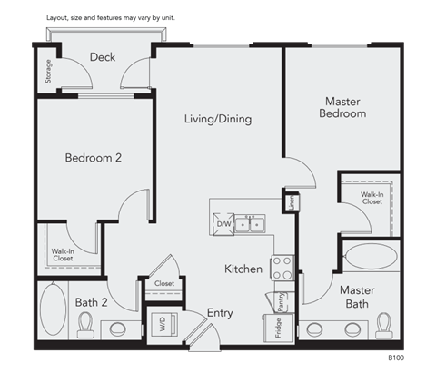 Floor plan for 2 beds, 2 baths, 1046 sqft