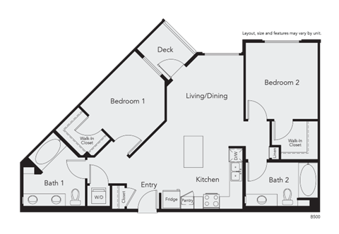 Floor plan for 2 beds, 2 baths, 1061 sqft