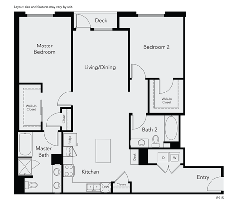 Floor plan for 2 beds, 2 baths, 1357 sqft