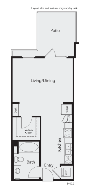 Floor plan for studio, 1 bath, 634 sqft