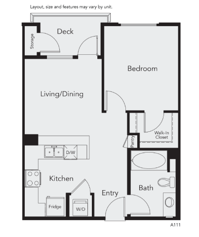 Floor plan for 1 bed, 1 bath, 665 sqft
