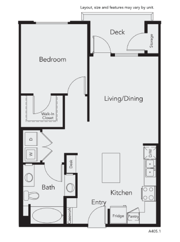Floor plan for 1 bed, 1 bath, 780 sqft