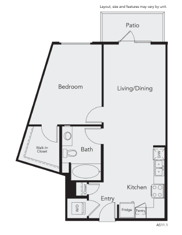 Floor plan for 1 bed, 1 bath, 786 sqft