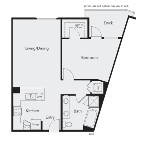 Floor plan for 1 bed, 1 bath, 844 sqft