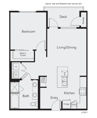 Floor plan for 1 bed, 1 bath, 819 sqft