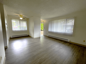 Tacoma apartment for rent - A room with a ceiling fan and two windows with blinds.
