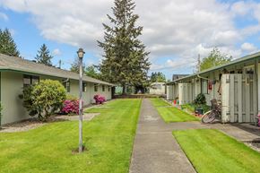 Tacoma apartment for rent - A long pathway leads between two rows of identical buildings.
