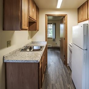 Lakewood apartment for rent - A kitchen with wooden cabinets and a marble countertop.