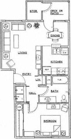 Floor plan for 1 bed, 1 bath, 645 sqft